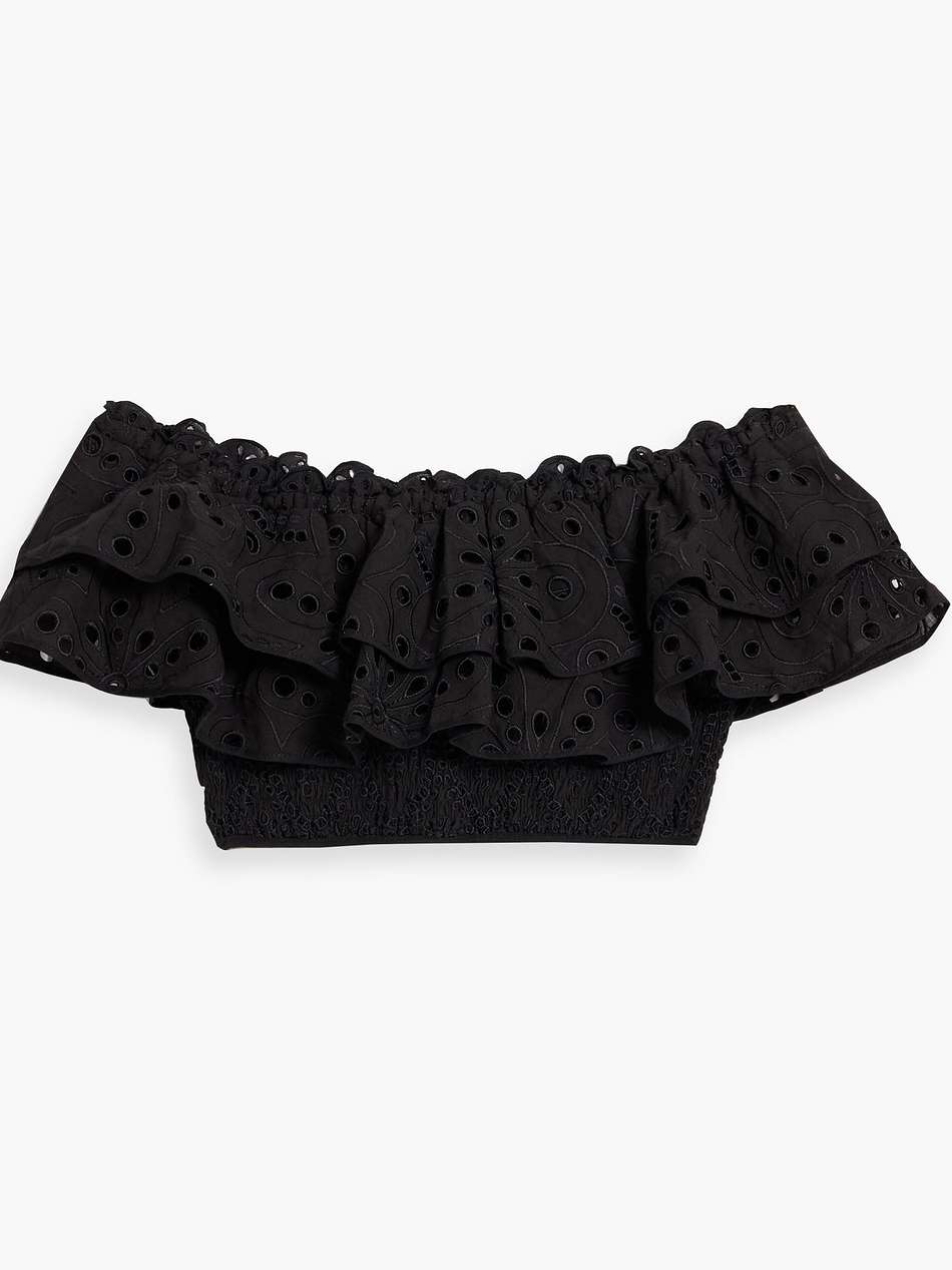 off-the-shoulder cropped broderie anglaise cotton-blend top