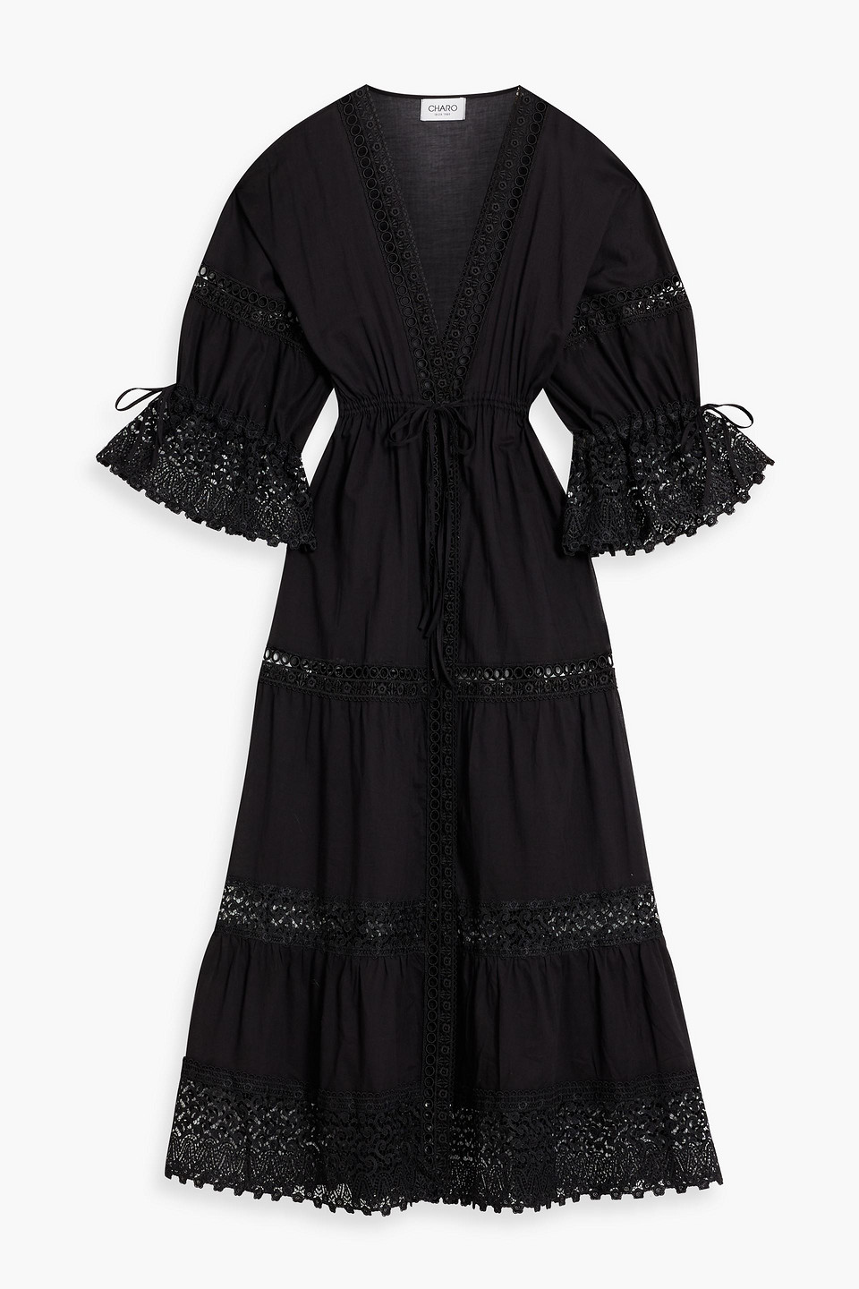 Charo Ruiz Guipure-lace Trimmed Cotton-blend Voile Kaftan In Black