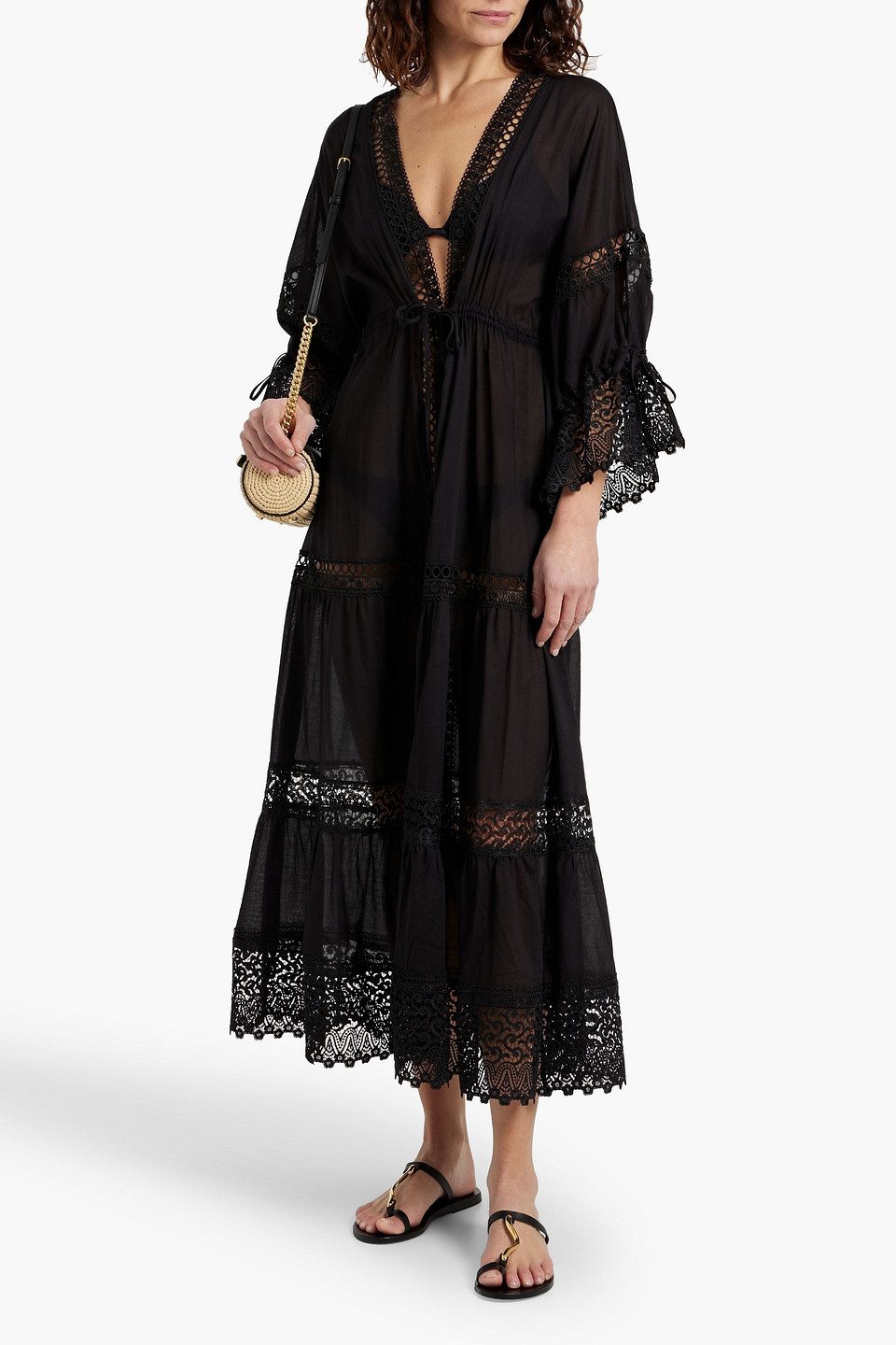 Shop Charo Ruiz Guipure-lace Trimmed Cotton-blend Voile Kaftan In Black