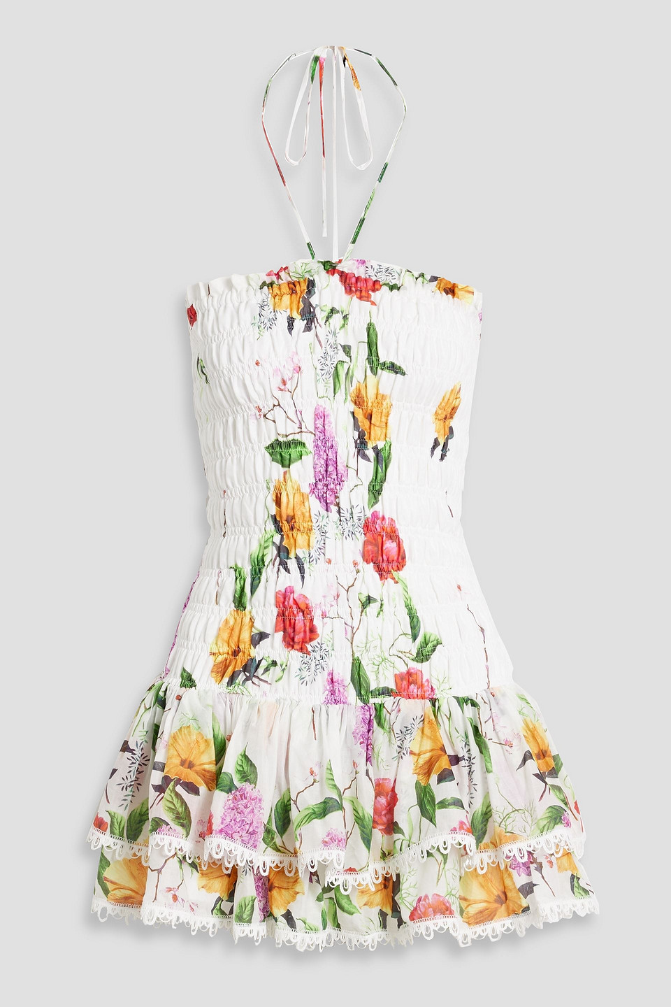 Charo Ruiz Cusia Shirred Floral-print Cotton-blend Voile Mini Dress In White
