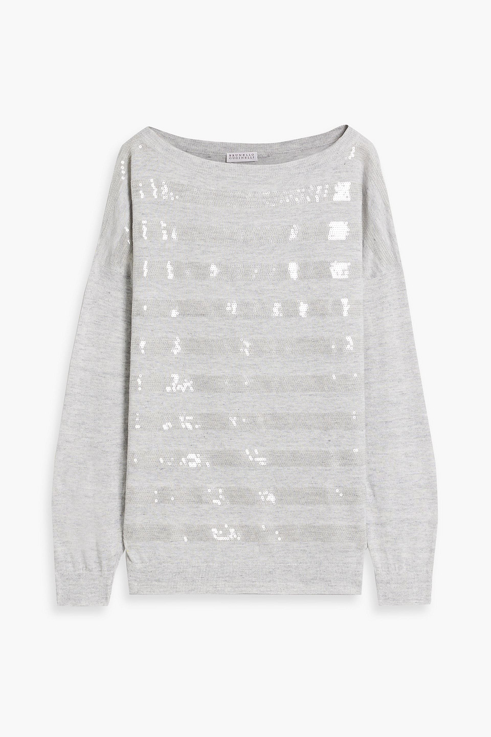 Brunello Cucinelli Sequin-embellished Striped Linen And Cotton-blend Sweater In Light Gray