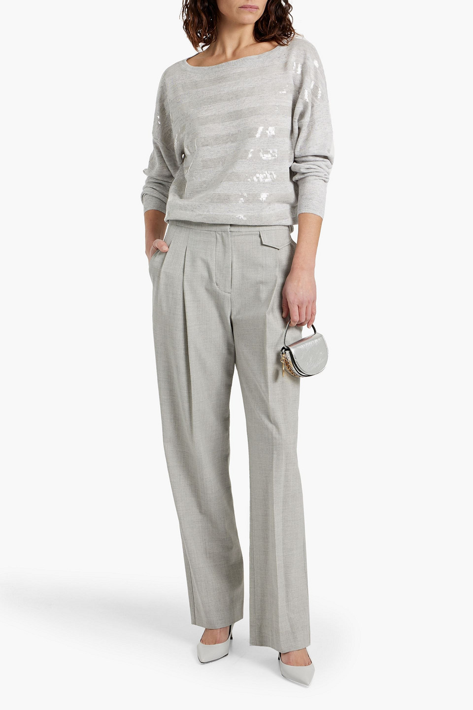 BRUNELLO CUCINELLI SEQUIN-EMBELLISHED STRIPED LINEN AND COTTON-BLEND SWEATER