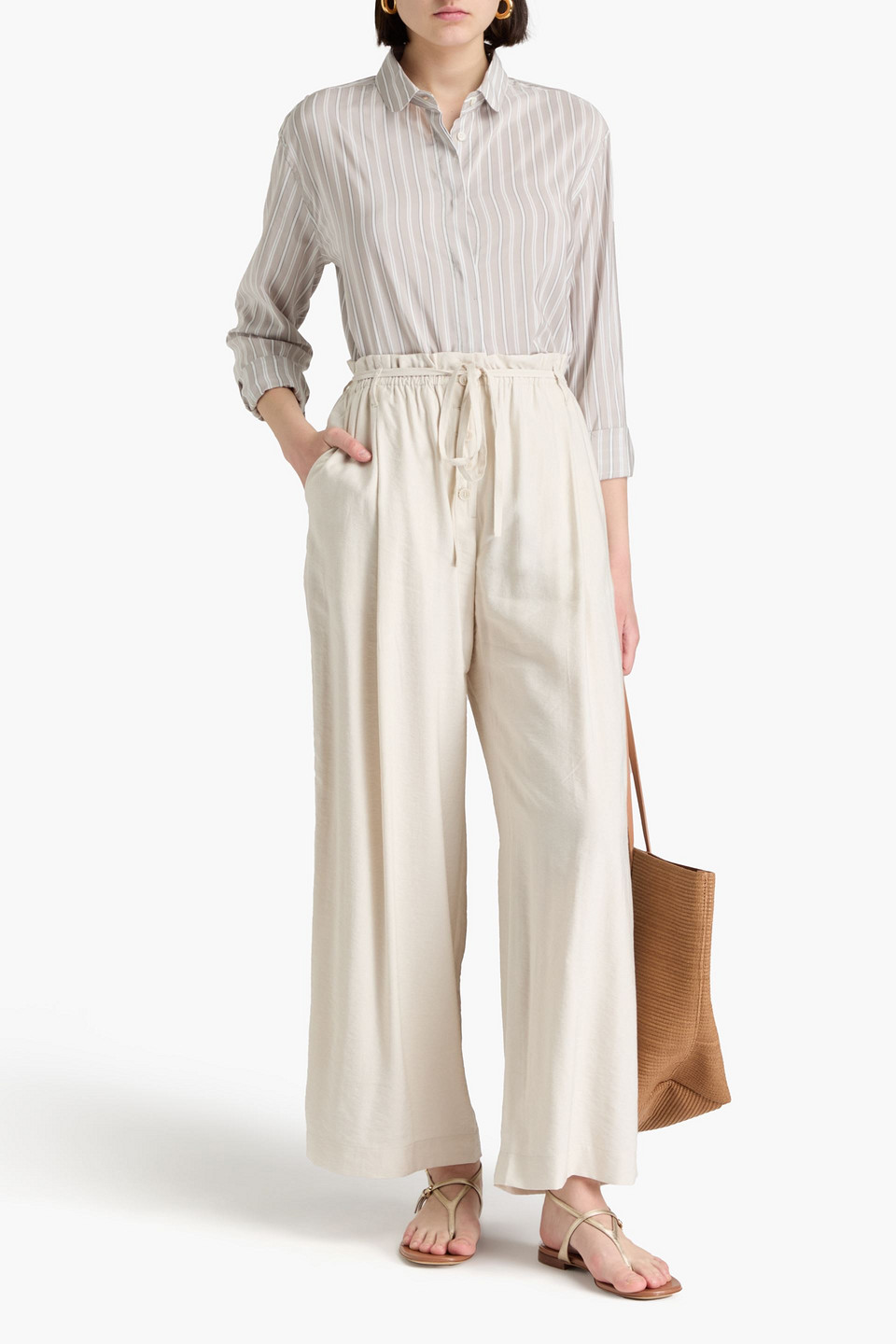 Shop A.emery Macie Belted Cotton-blend Twill Wide-leg Pants In Off-white