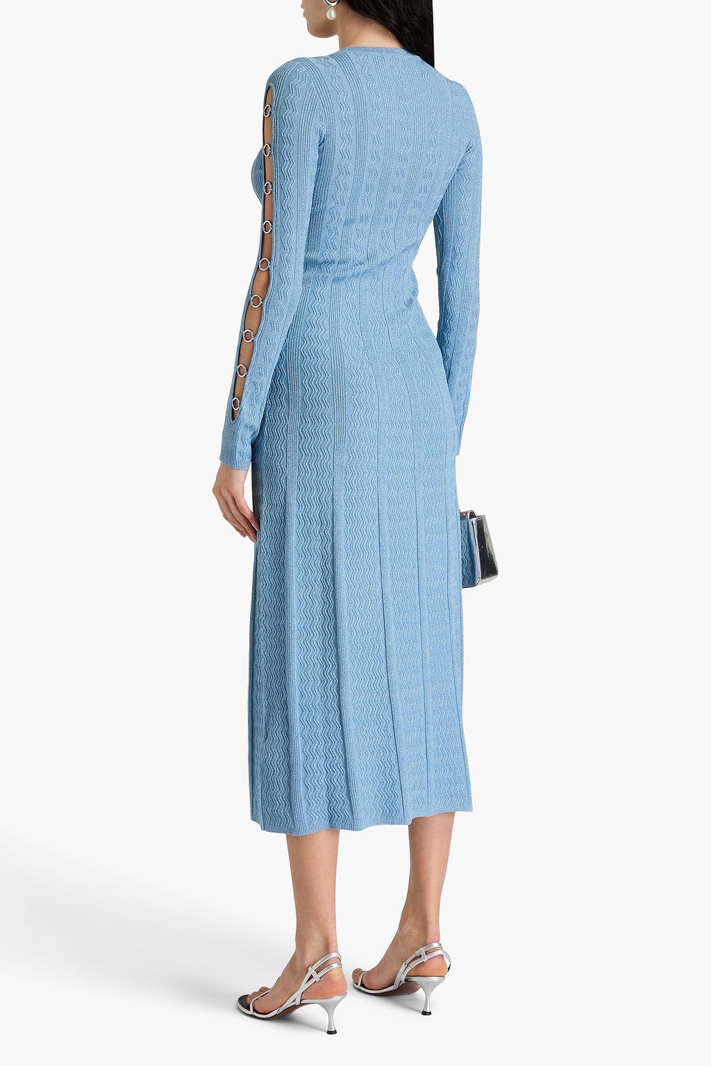 SANDRO Ring-embellished metallic ribbed and textured-knit midi dress