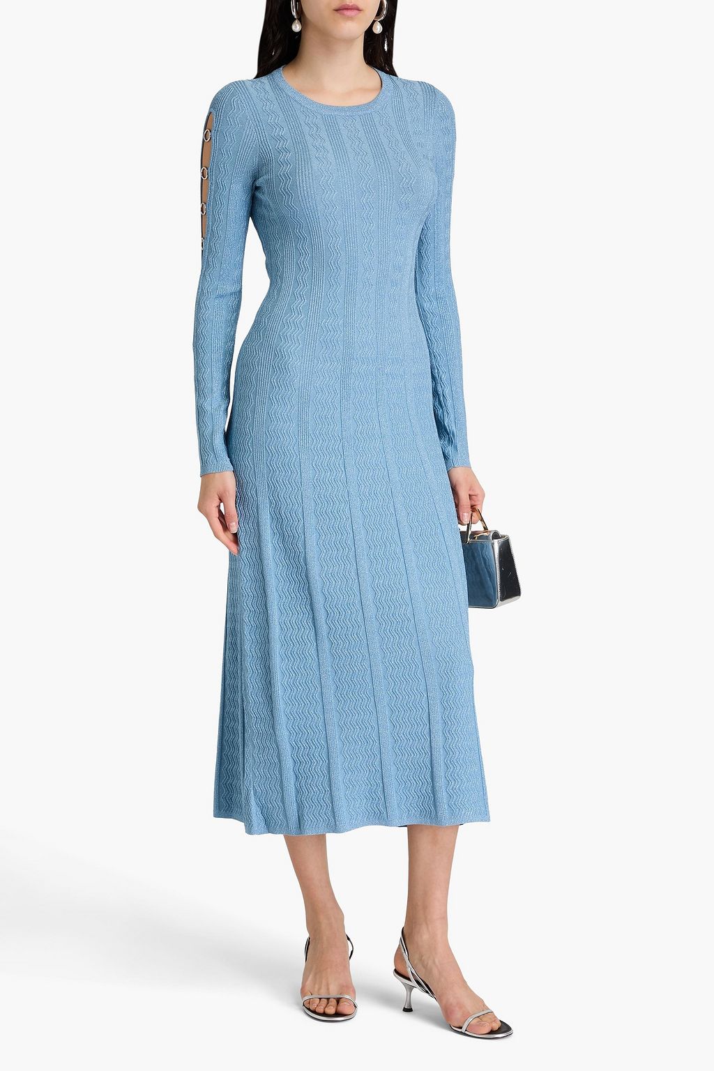 SANDRO Ring-embellished metallic ribbed and textured-knit midi dress