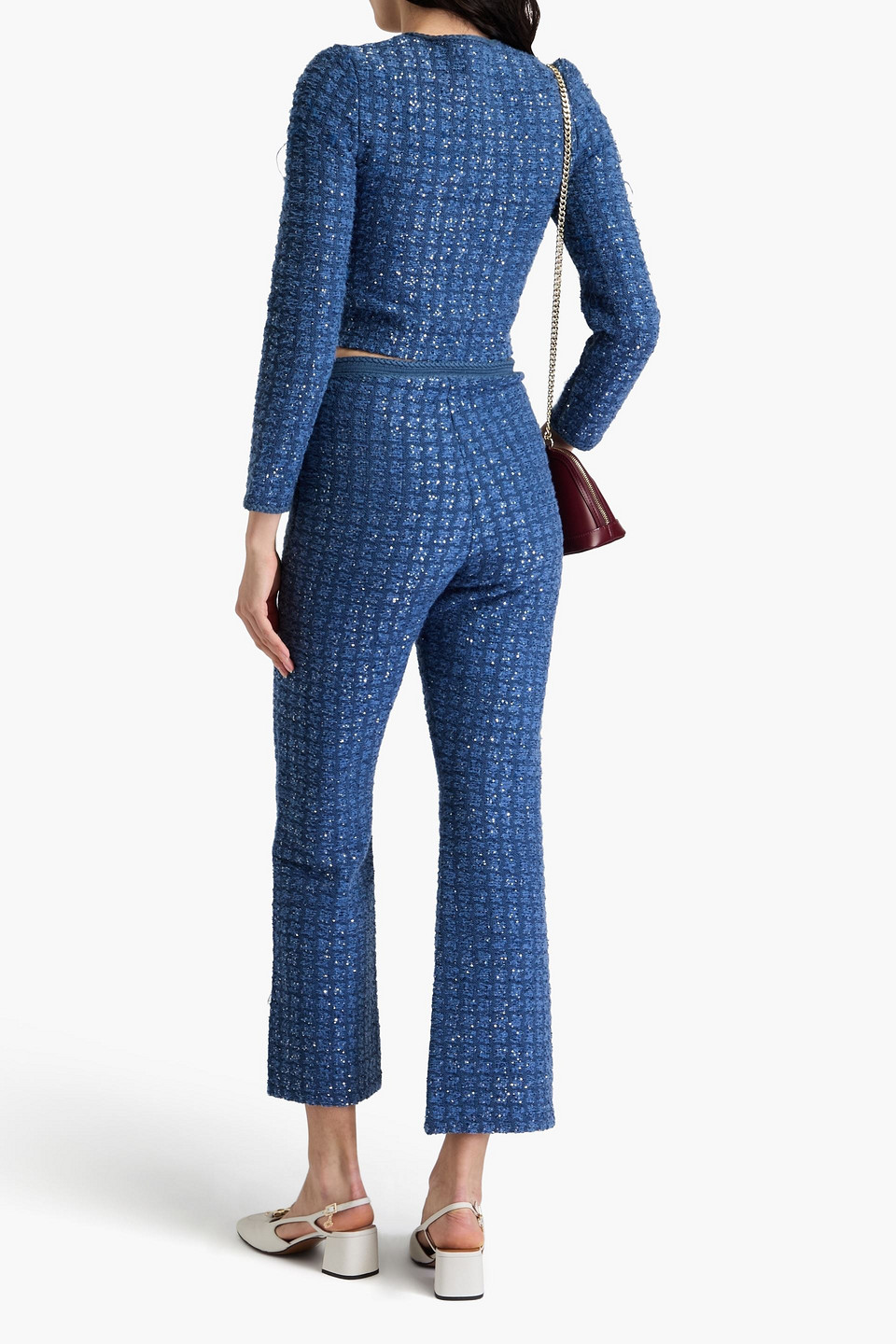 Sandro Sequin-embellished Bouclé Bootcut Pants In Blau