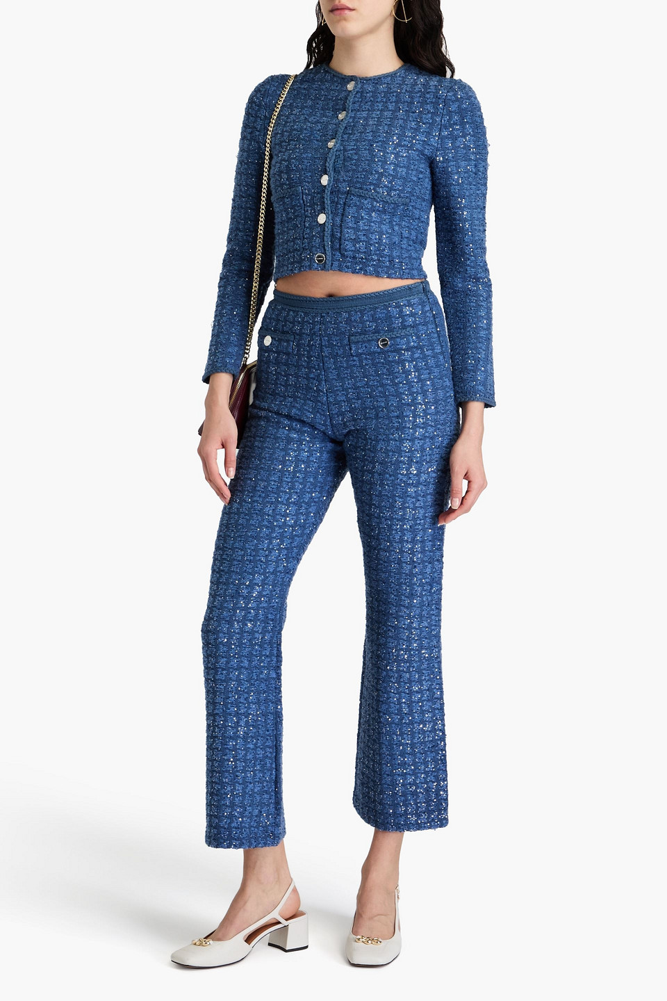 Sandro Sequin-embellished Bouclé Bootcut Pants In Blau