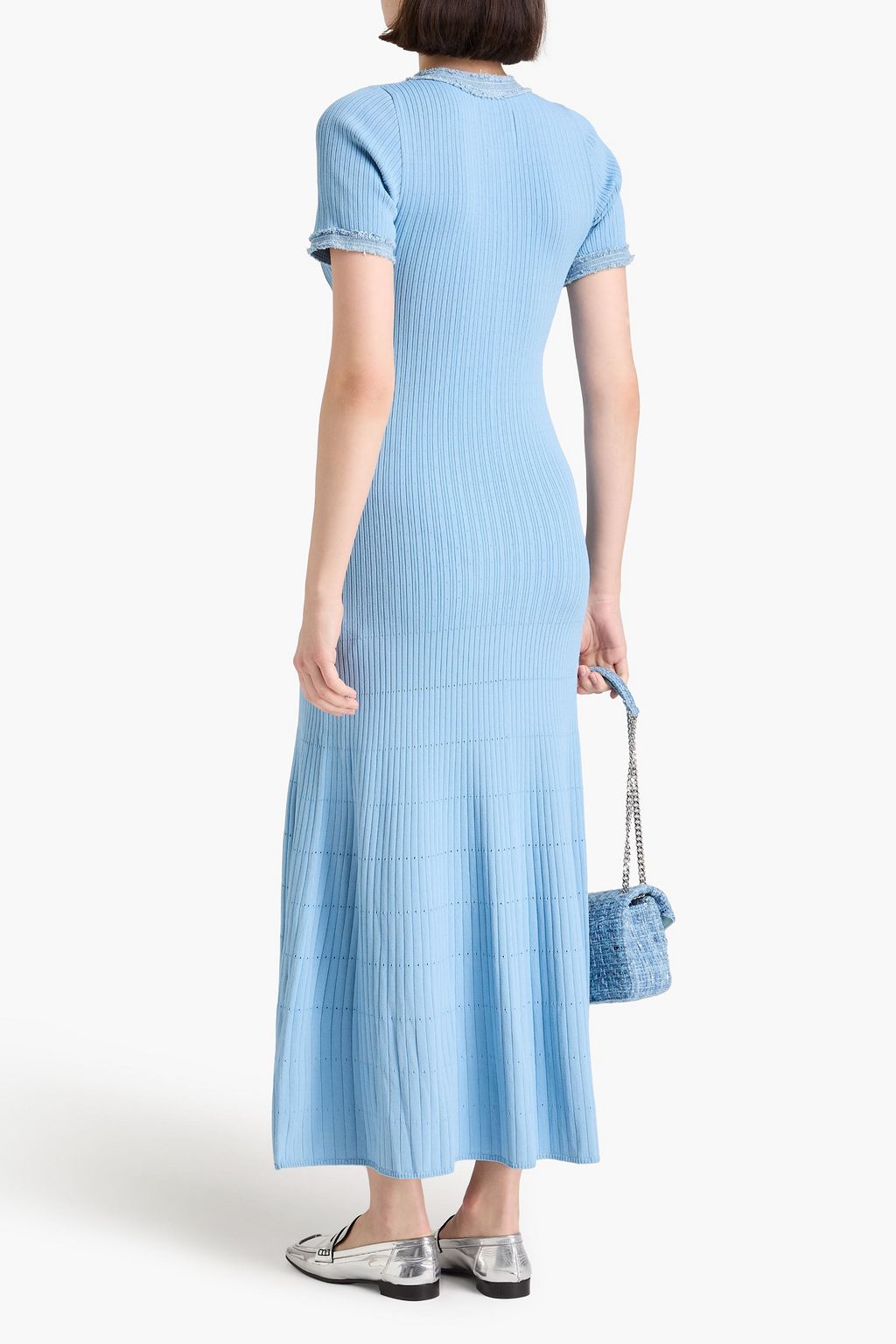 SANDRO Denim-trimmed ribbed pointelle-knit midi dress | THE OUTNET