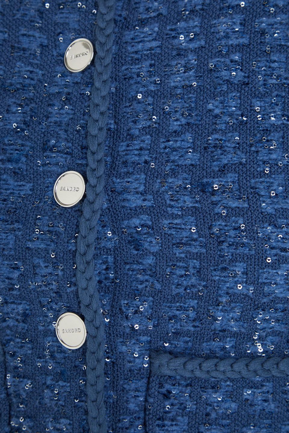 Sandro Cropped Sequin-embellished Bouclé Jacket In Blau