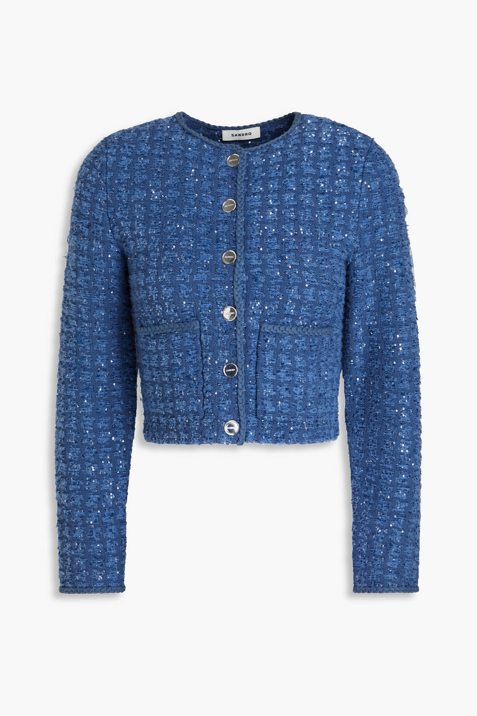 Sandro Cropped Sequin-embellished Bouclé Jacket In Blau
