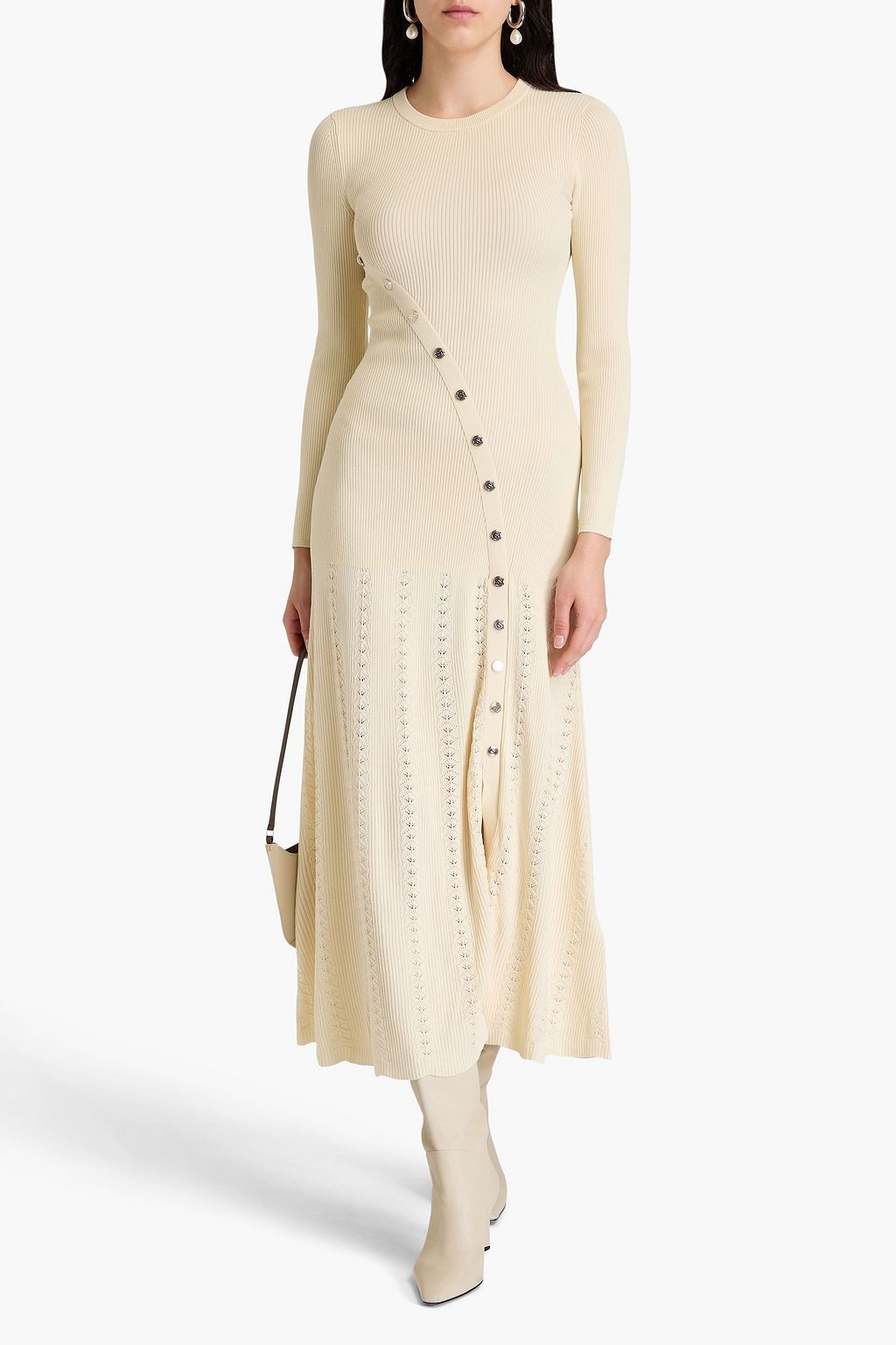 SANDRO Embellished ribbed and pointelle-knit midi dress