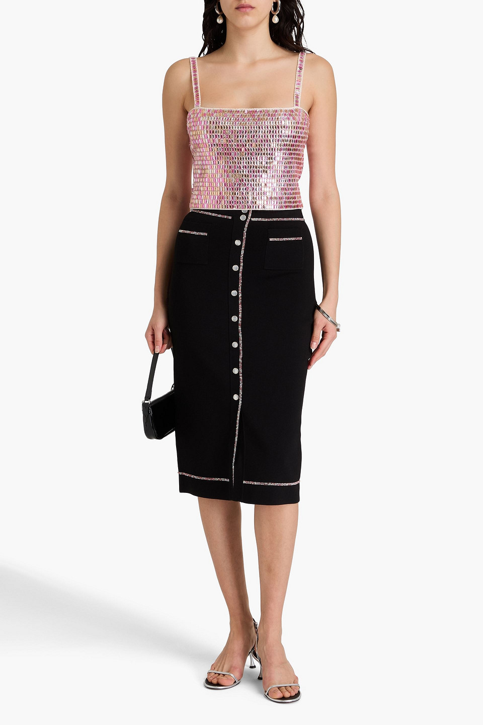 Sandro Crystal-embellished Stretch-knit Midi Pencil Skirt In Schwarz