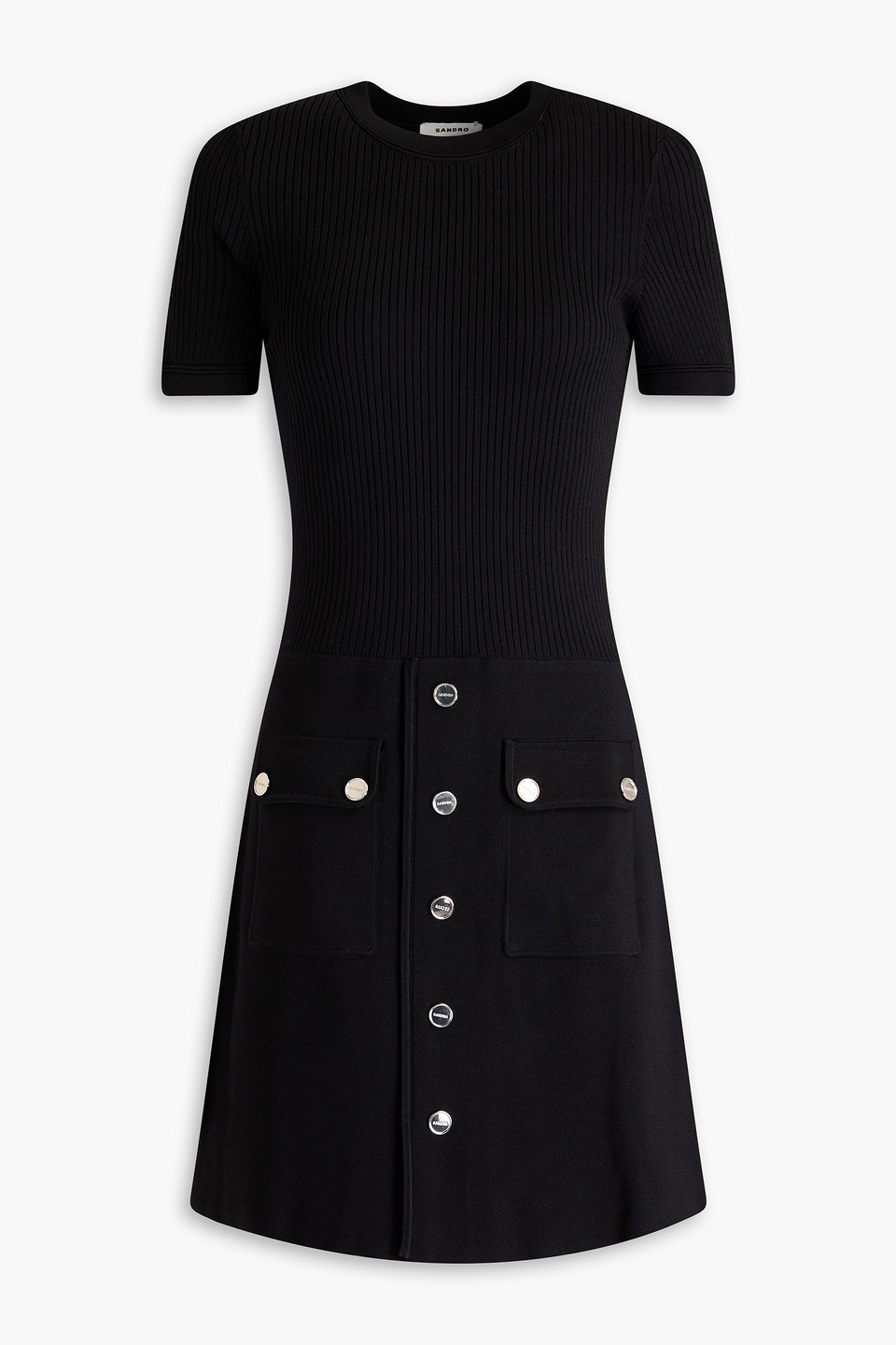 Sandro Embellished Ribbed And Stretch-knit Mini Dress In Schwarz