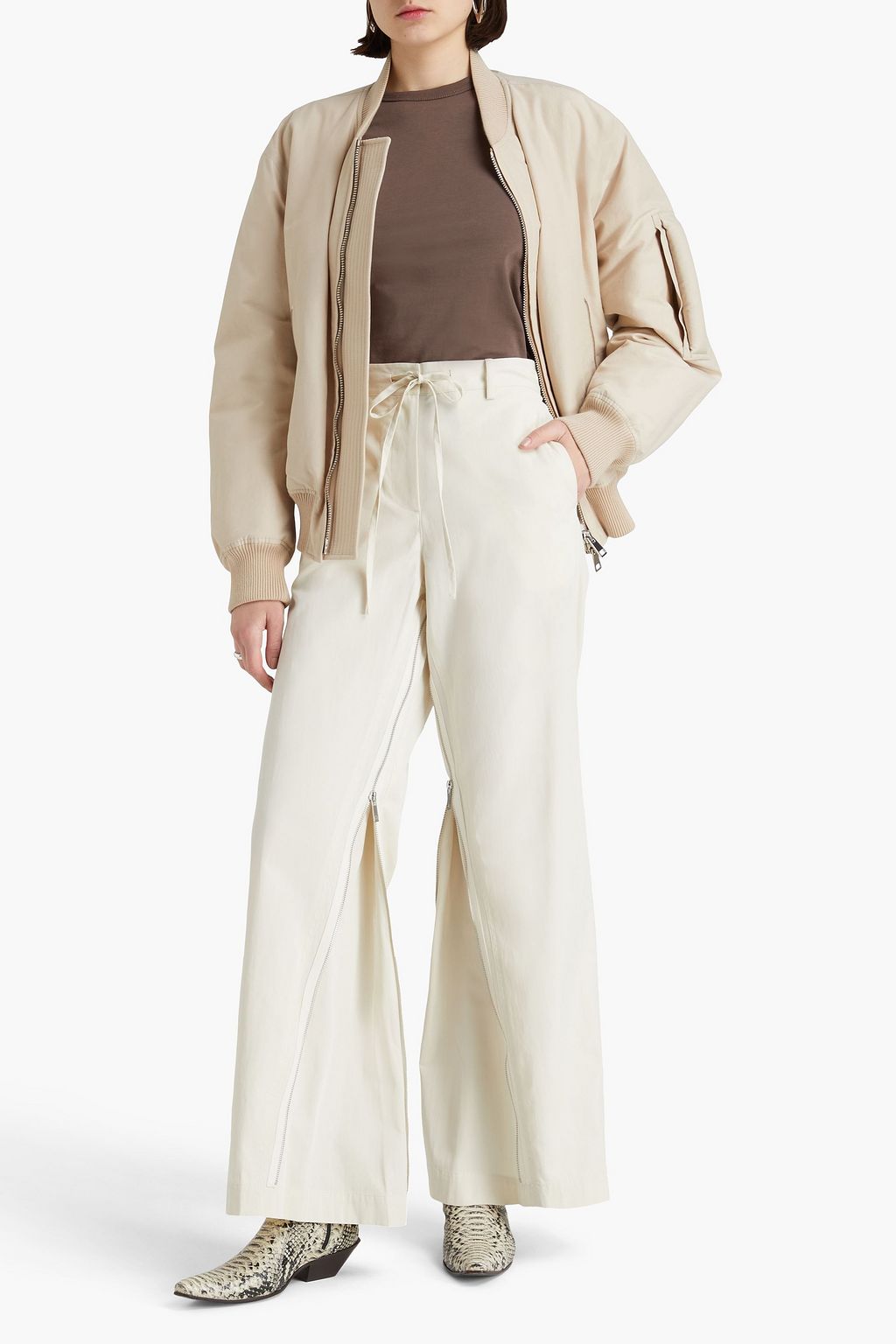 HELMUT LANG 지퍼 디테일 코튼 혼방 트윌 와이드 레그 팬츠