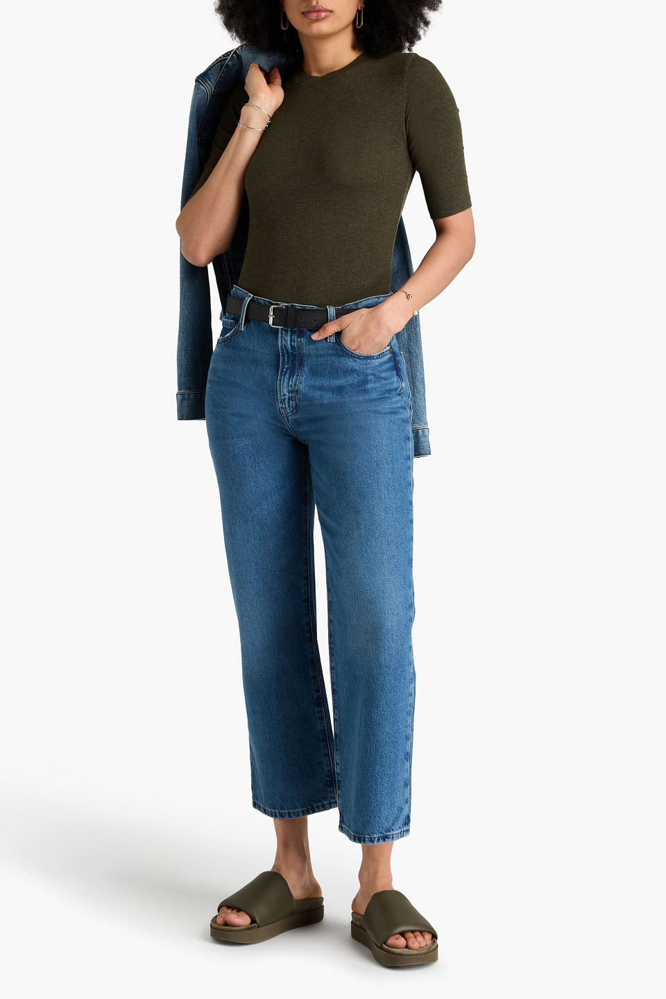 Frame Ribbed Stretch-modal Jersey T-shirt In Army Green