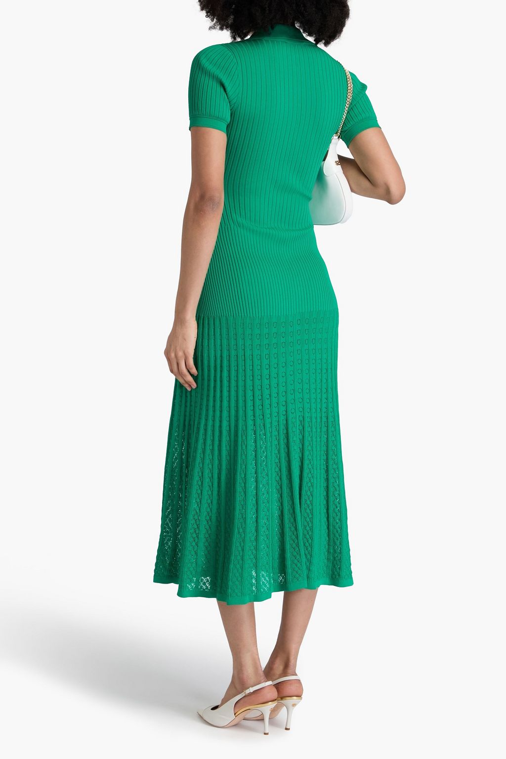 SANDRO Embellished ribbed and pointelle-knit midi shirt dress
