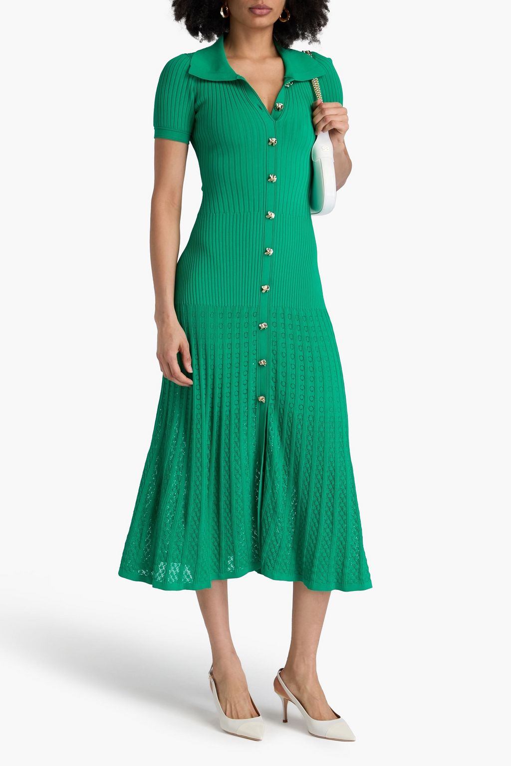 SANDRO Embellished ribbed and pointelle-knit midi shirt dress