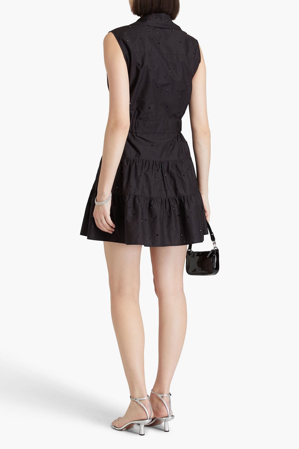 SANDRO Crystal-embellished tiered cotton-poplin mini shirt dress