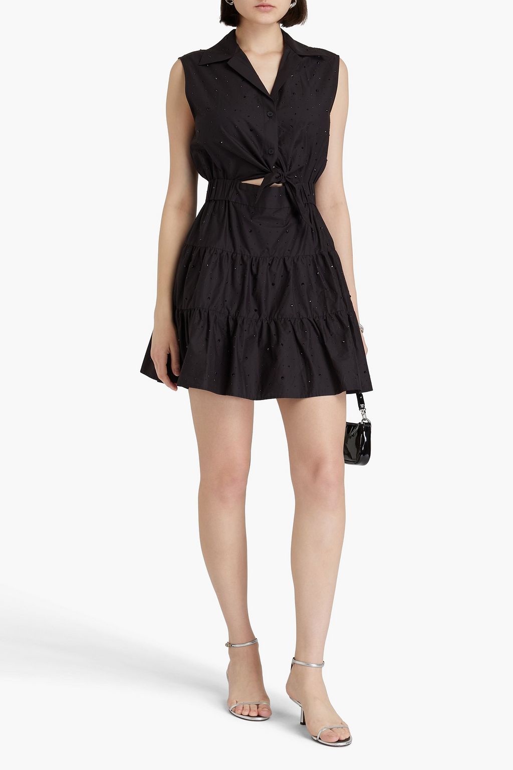 SANDRO Crystal-embellished tiered cotton-poplin mini shirt dress