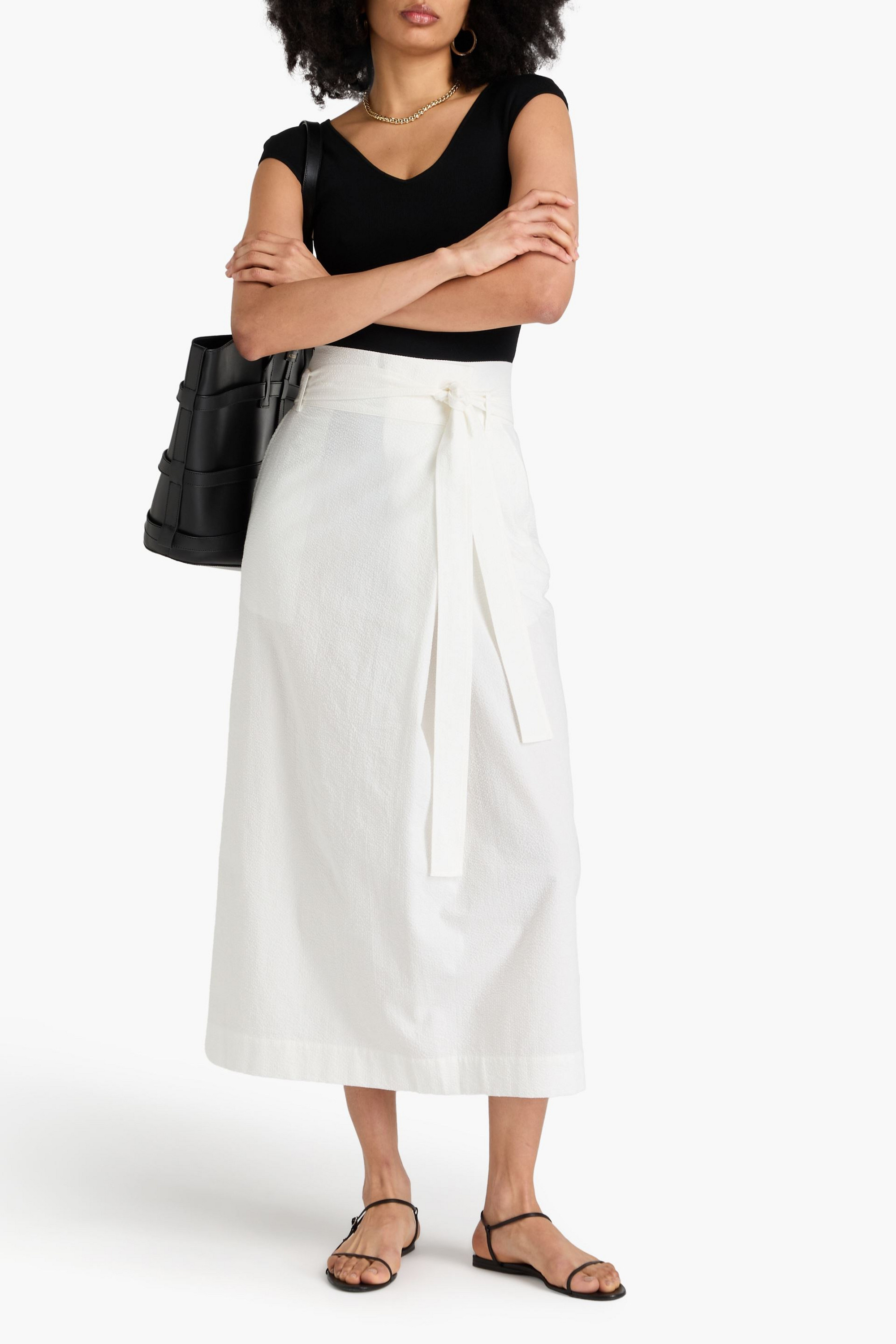 A.EMERY Ven belted cotton-seersucker midi skirt
