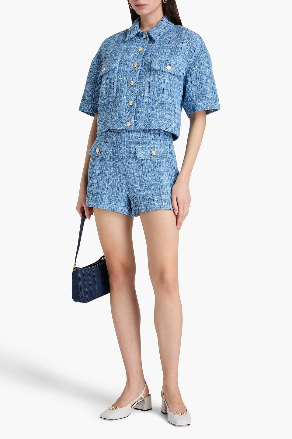 Sandro Short-sleeve Tweed Jacket In Bleu
