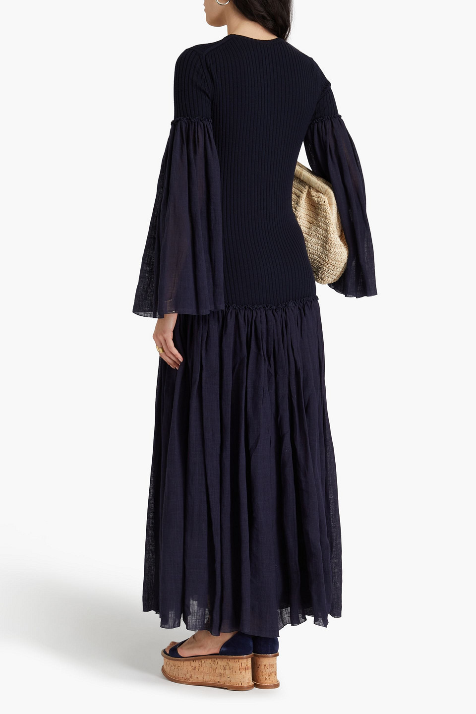 Chloé Gauze-paneled Ribbed Wool And Cashmere-blend Maxi Dress In Marineblau