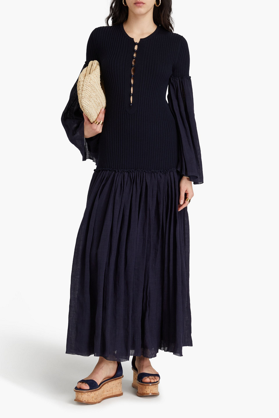 Chloé Gauze-paneled Ribbed Wool And Cashmere-blend Maxi Dress In Marineblau