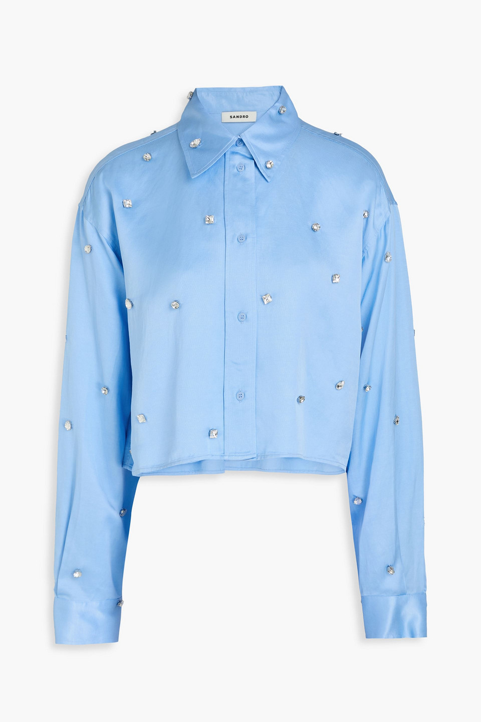 Sandro Cropped Crystal-embellished Crepe De Chine Shirt In Bleu
