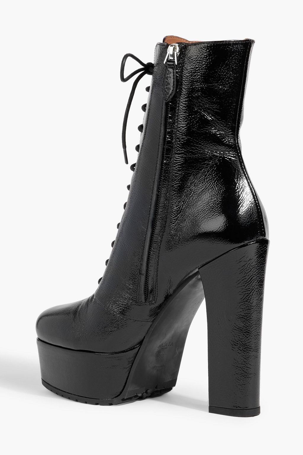 ALAÏA Lace-up crinkled patent-leather platform ankle boots
