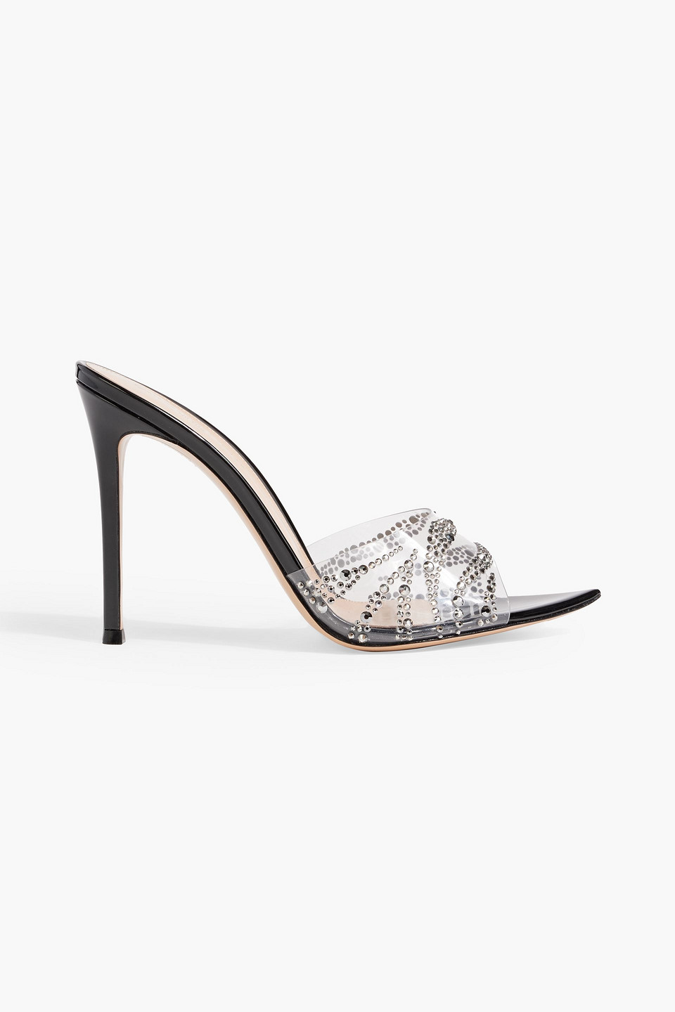 GIANVITO ROSSI PLEXI CRYSTAL-EMBELLISHED PVC AND PATENT-LEATHER MULES