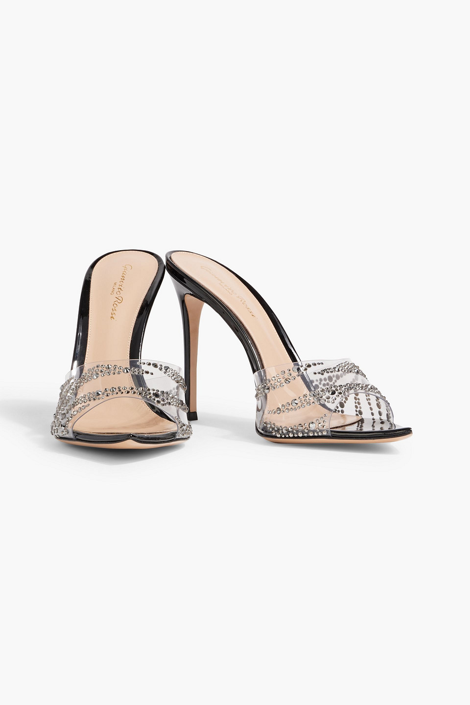 GIANVITO ROSSI PLEXI CRYSTAL-EMBELLISHED PVC AND PATENT-LEATHER MULES