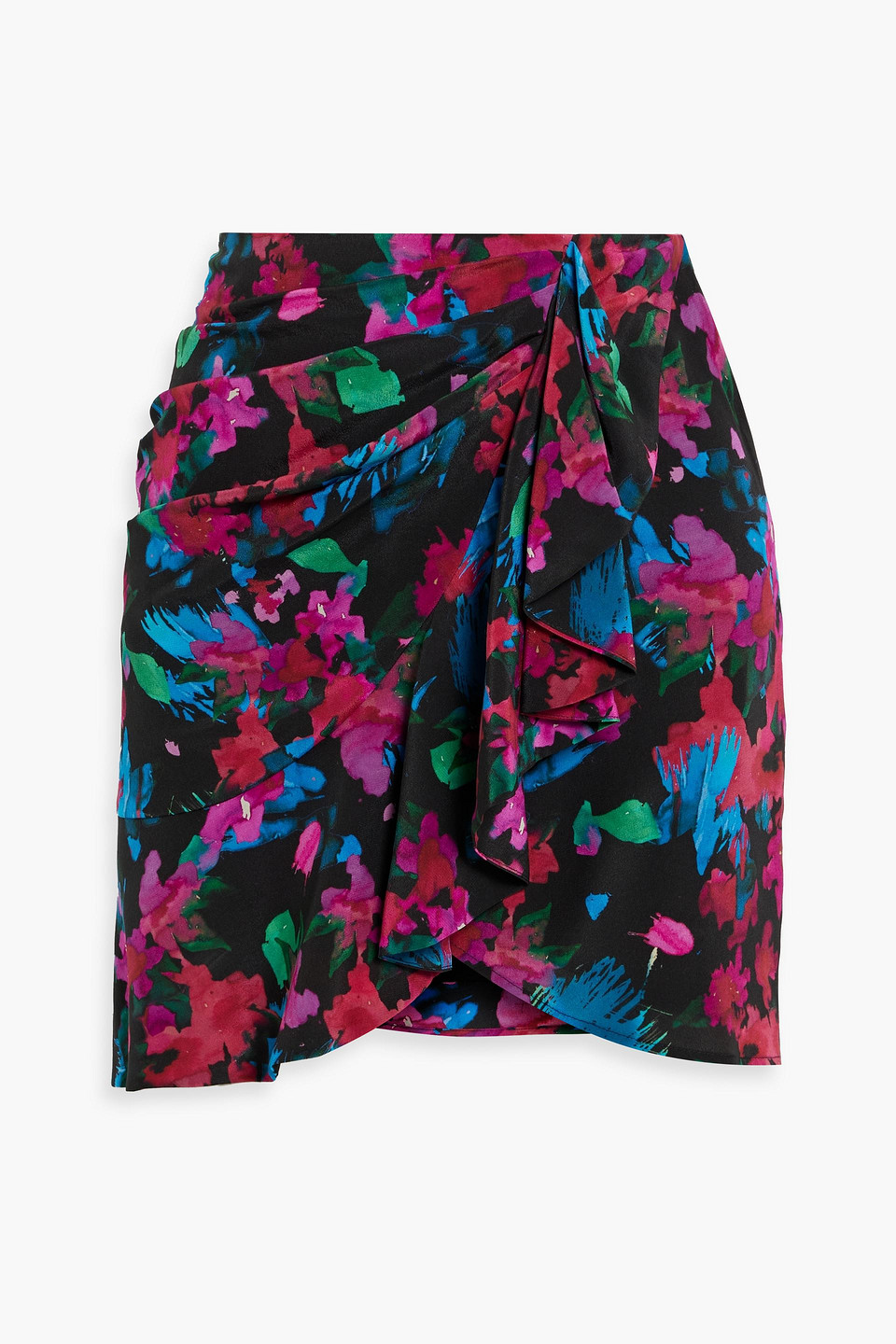 Iro Melissa Draped Floral-print Silk Crepe De Chine Mini Skirt In Black