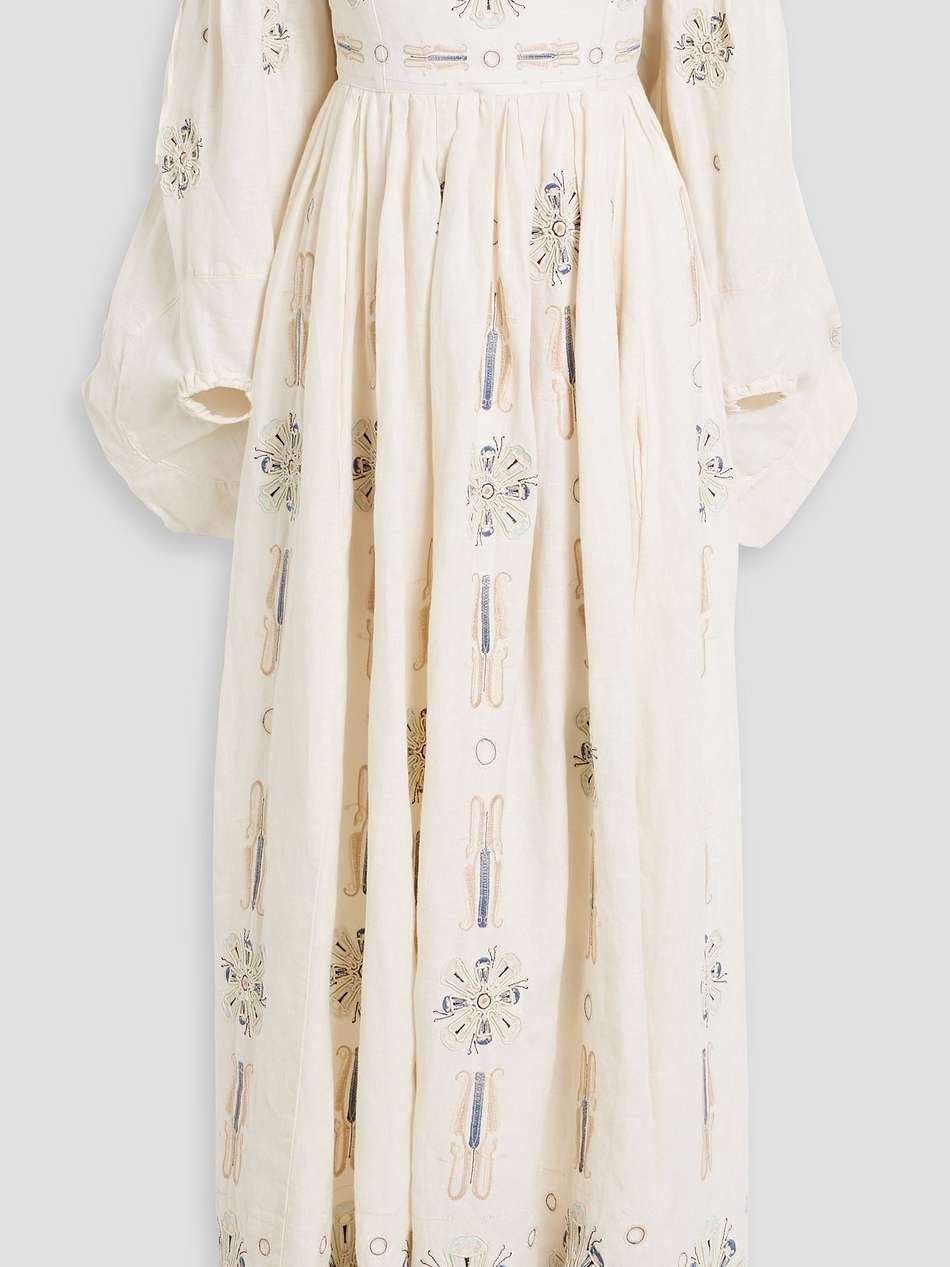 alheli chivas off-the-shoulder embroidered linen maxi dress