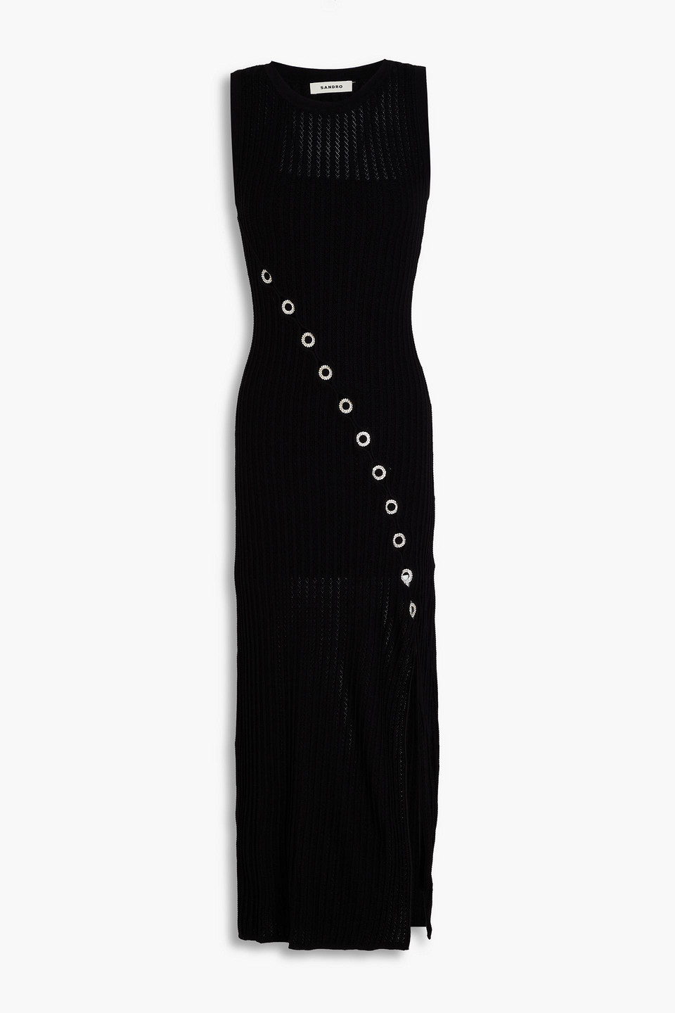 Sandro Embellished Ribbed Crochet-knit Midi Dress In Schwarz