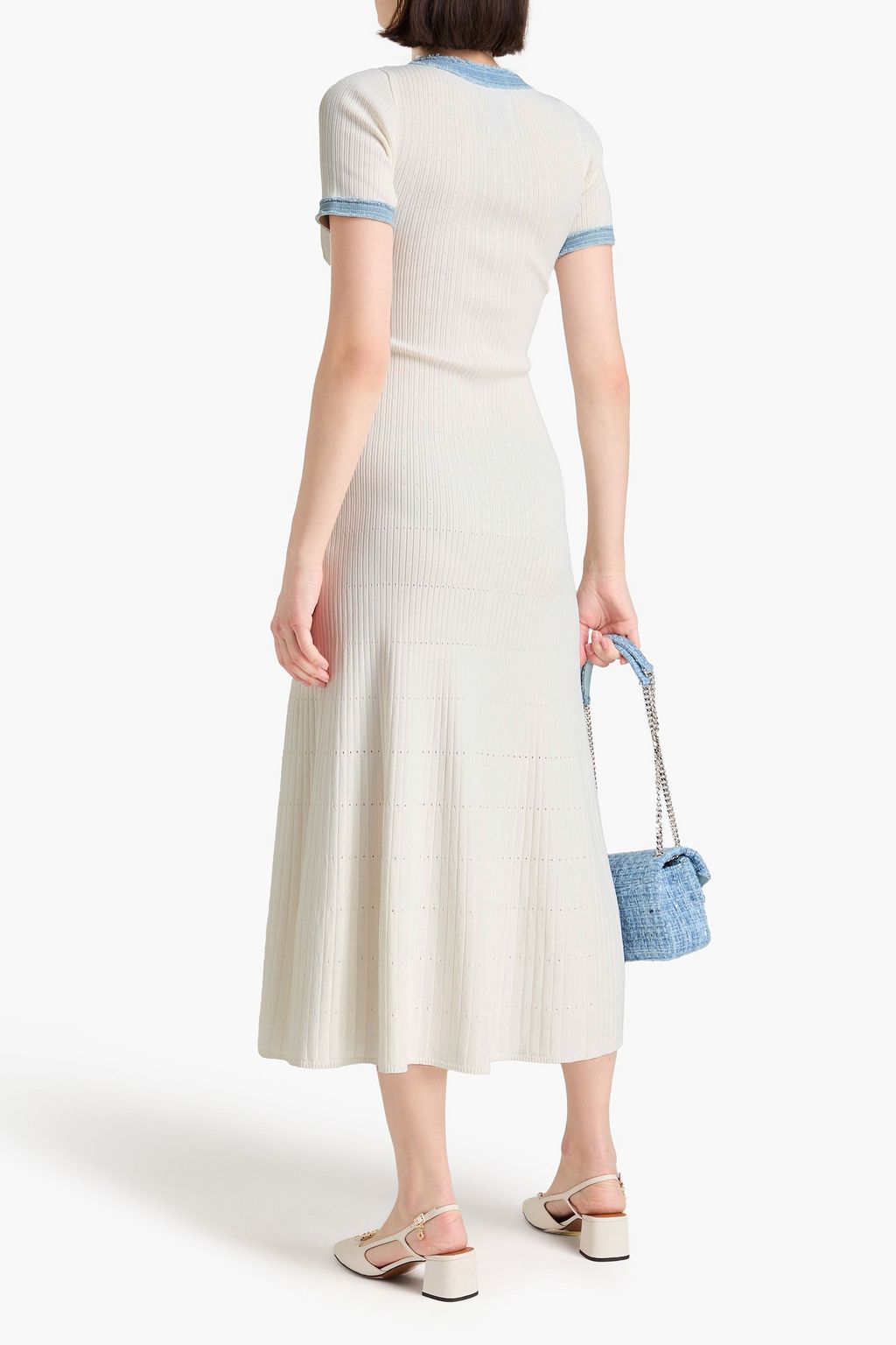 SANDRO Denim-trimmed ribbed-knit midi dress