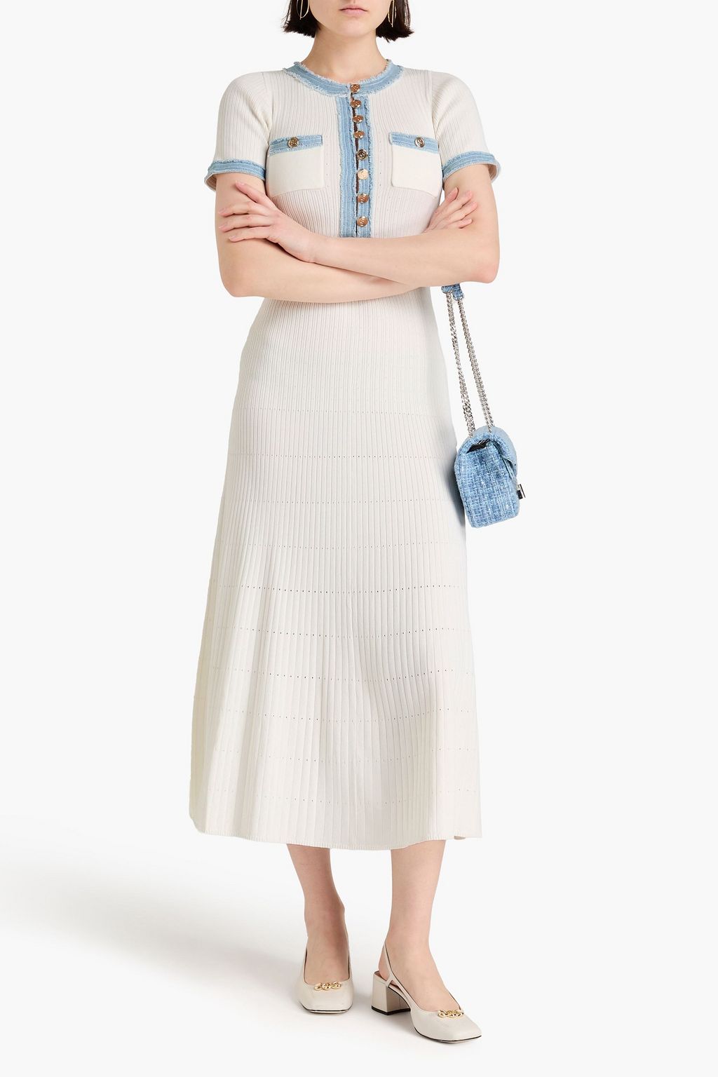 SANDRO Denim-trimmed ribbed-knit midi dress