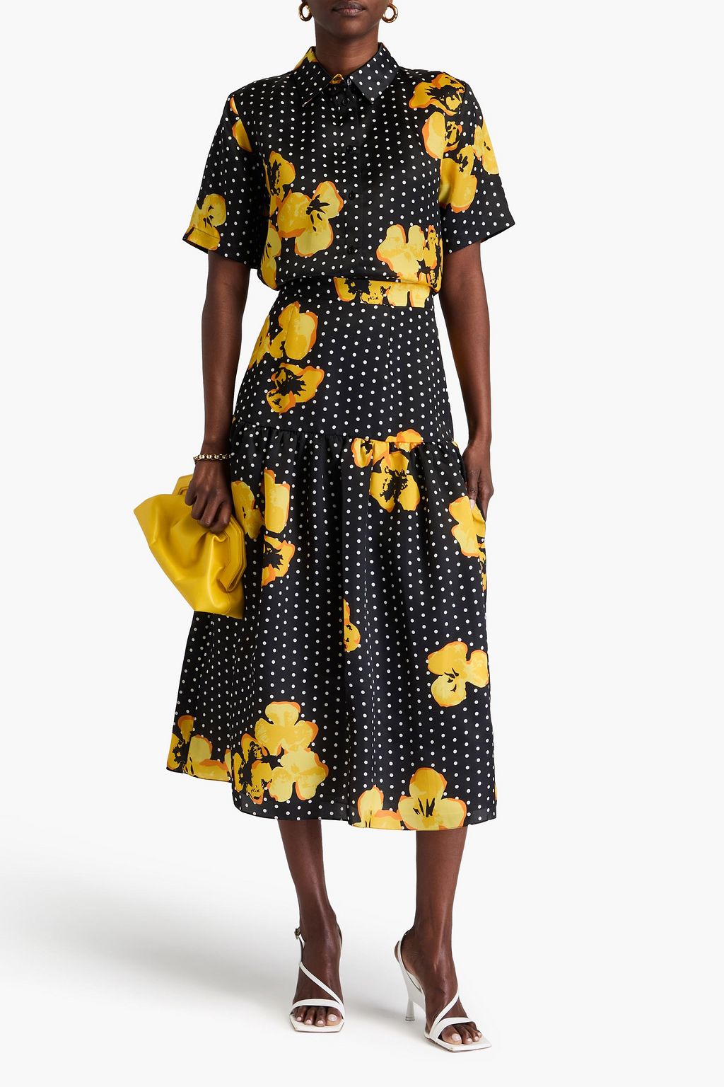 CAROLINA HERRERA Gathered printed satin midi skirt