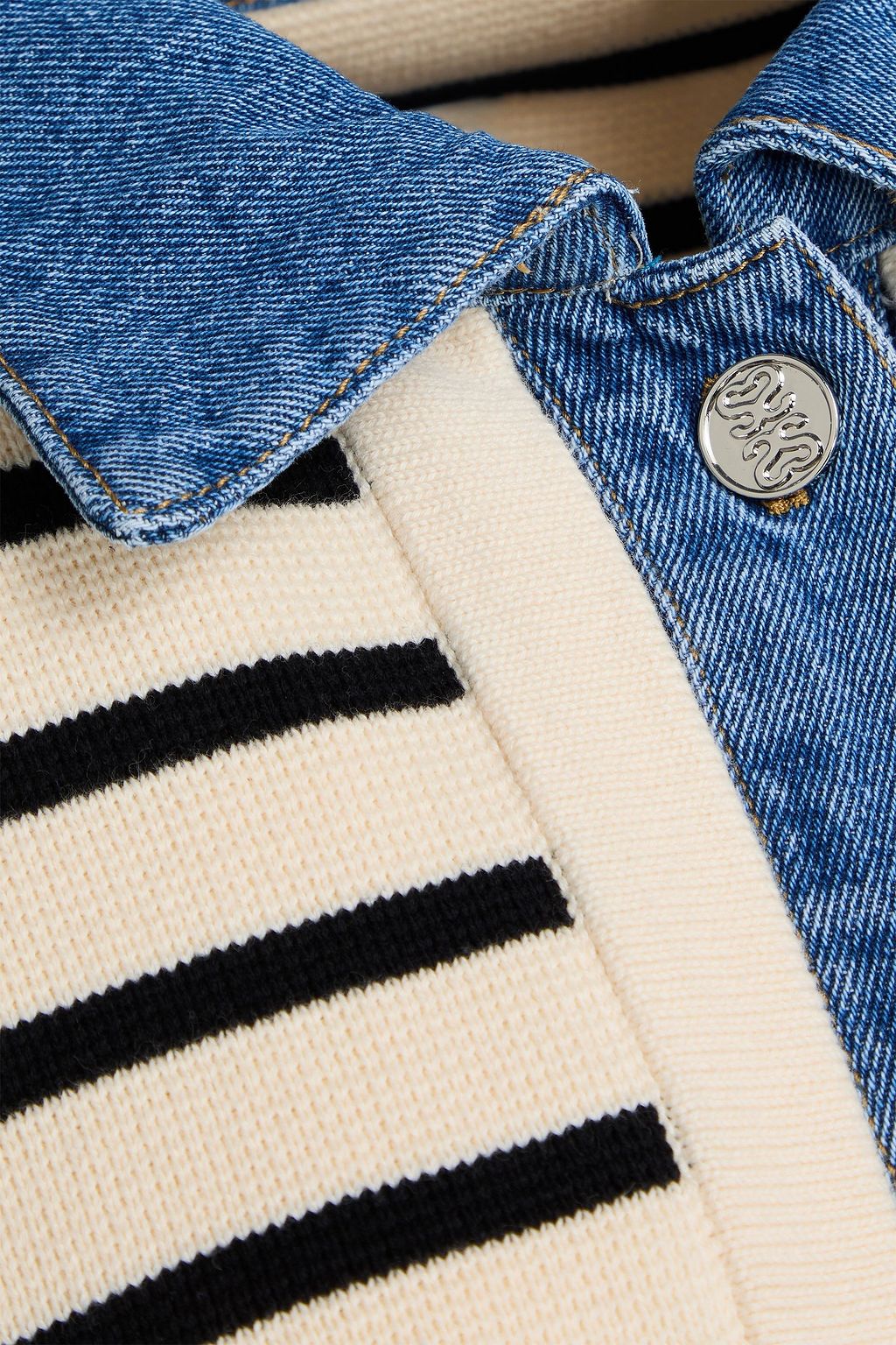 SANDRO Denim-trimmed striped knitted jacket