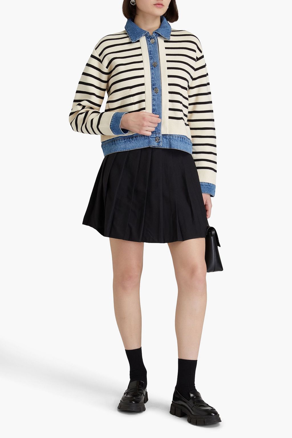 SANDRO Denim-trimmed striped knitted jacket