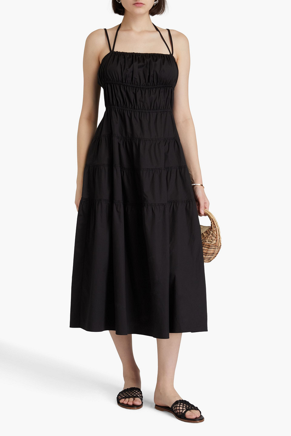 Sandro Gathered Stretch-cotton Poplin Midi Dress