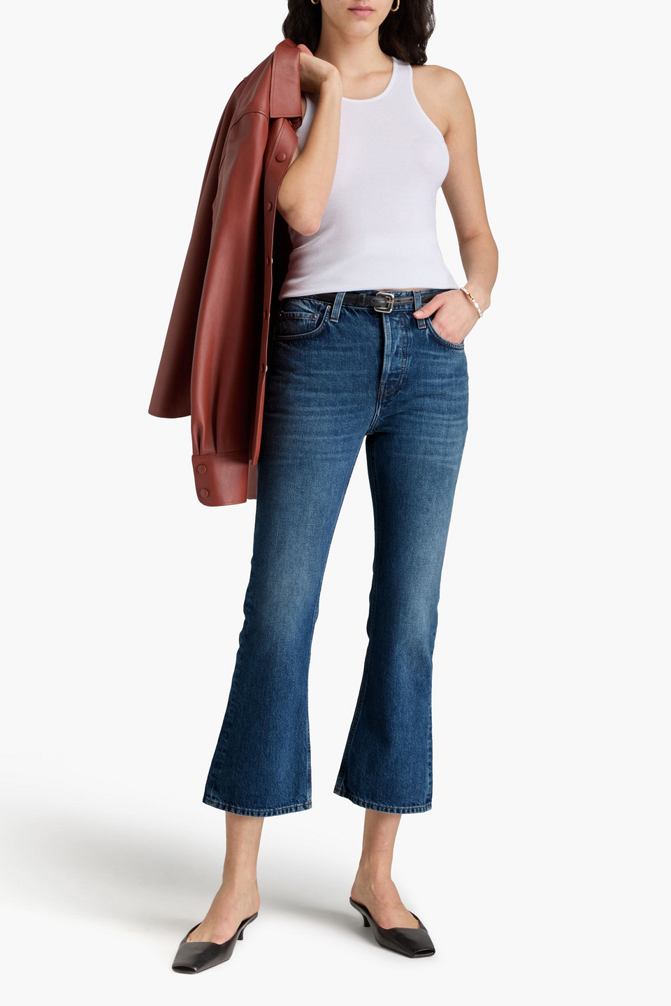 Shop Totême Faded High-rise Kick-flare Jeans In Mid Denim
