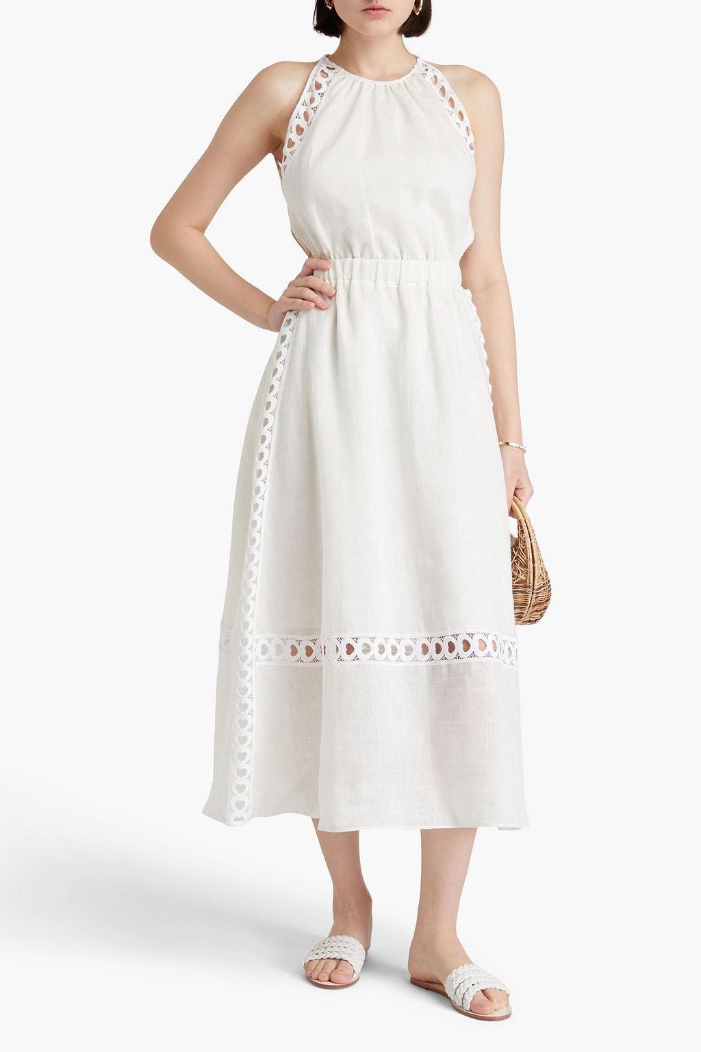 SANDRO Lace-trimmed linen-blend organza midi dress
