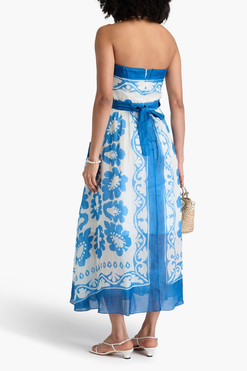 SANDRO Strapless cutout printed ramie midi dress