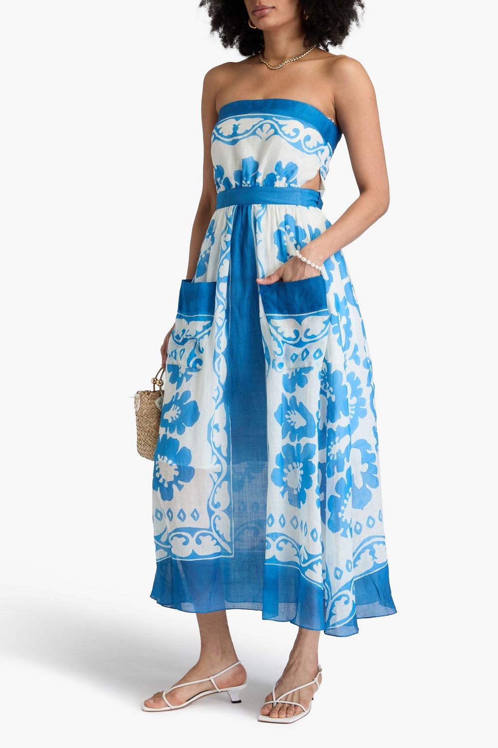 SANDRO Strapless cutout printed ramie midi dress
