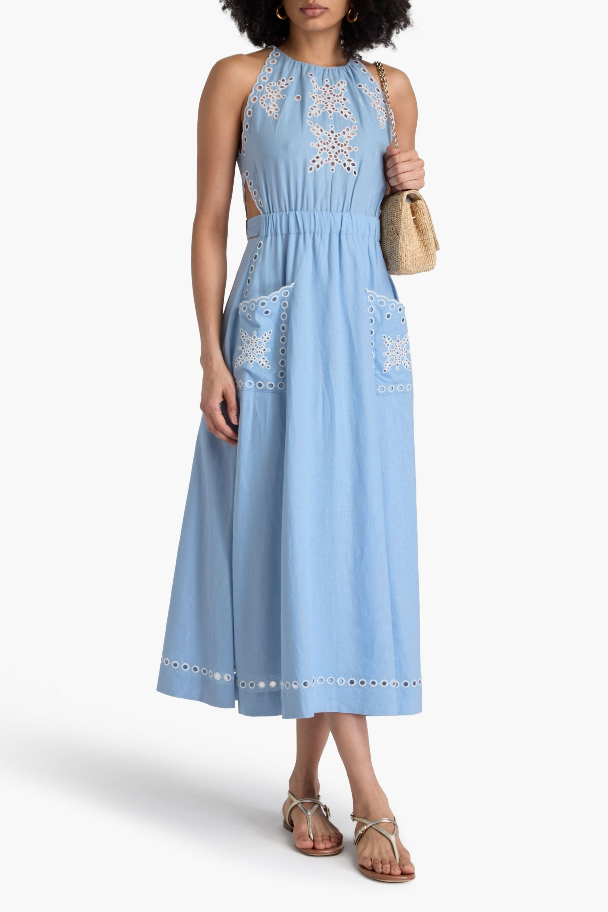 SANDRO Cutout broderie anglaise linen-blend midi dress