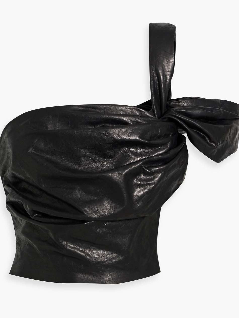 one-shoulder cropped leather top