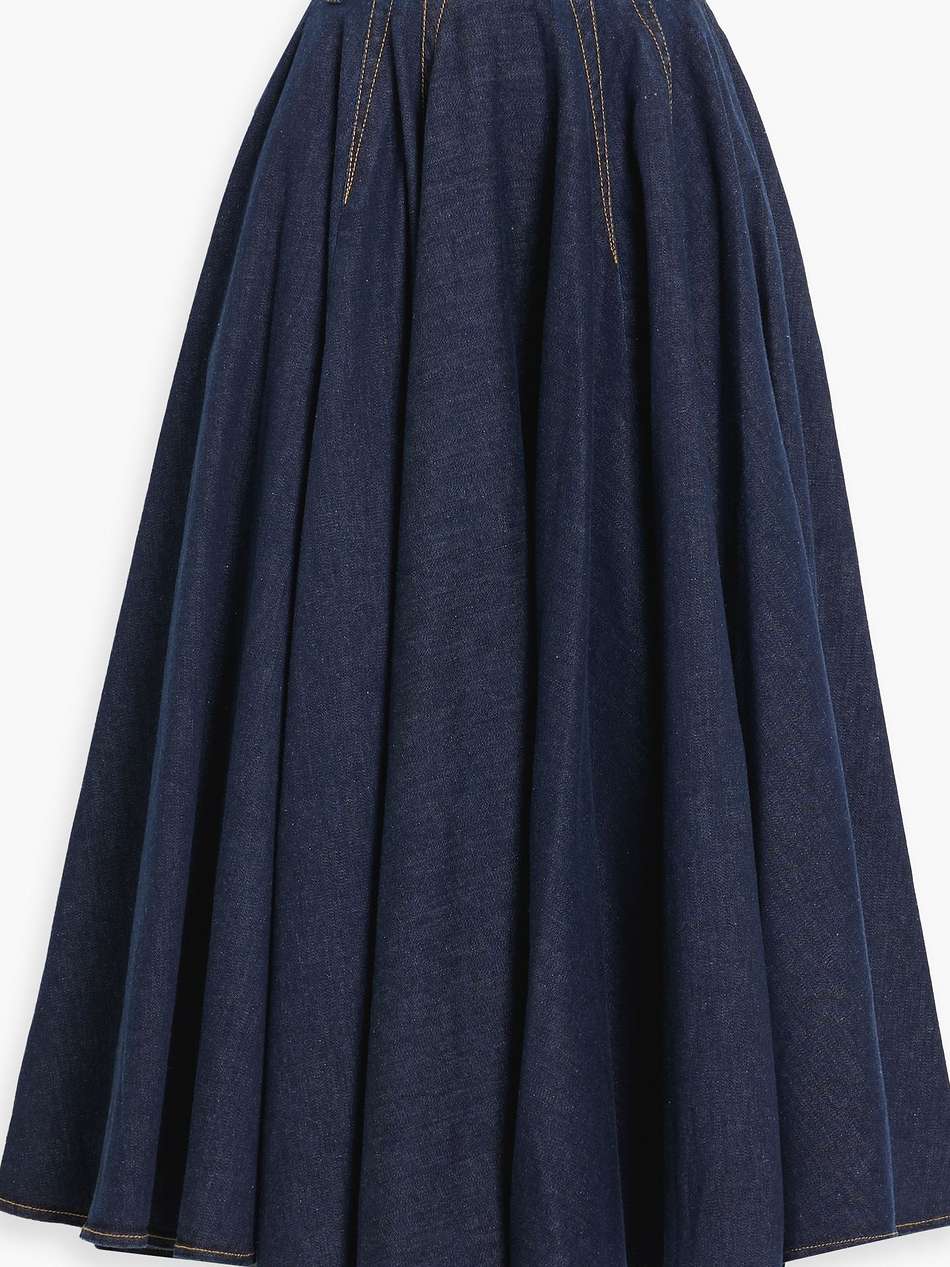 gathered denim midi skirt