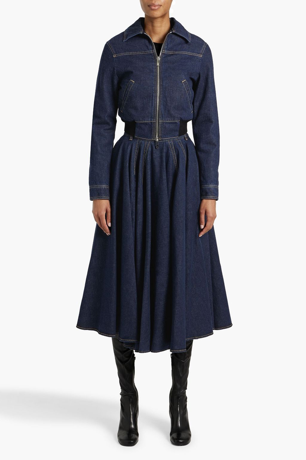 ALAÏA Gathered denim midi skirt