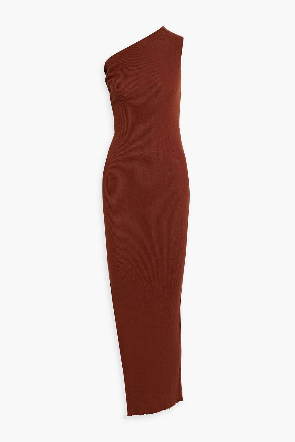 Rick Owens Athena One-shoulder Ribbed Wool Dress In Brown