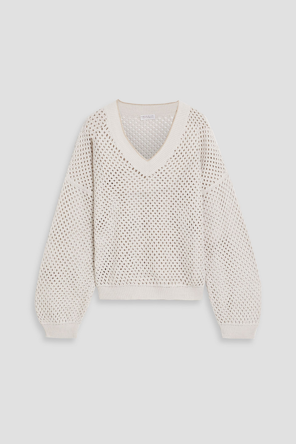 Brunello Cucinelli Open Weave V-neck Monili Trim Sweater In Ecru